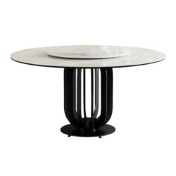 Round Dining Table With Carbon Steel Base And Lazy Susan / For Kitchen And Dining Room, 4 Chairs - Black / White