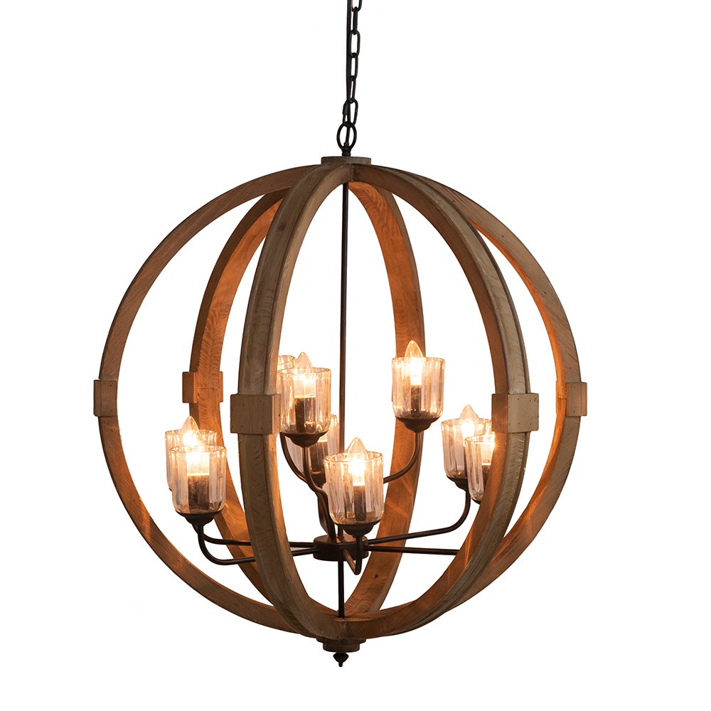 9 Light Globe Chandelier, Wood Chandelier Hanging Light Fixture With Adjustable Chain For Kitchen, Bulb Not Included - Brown - Image 3