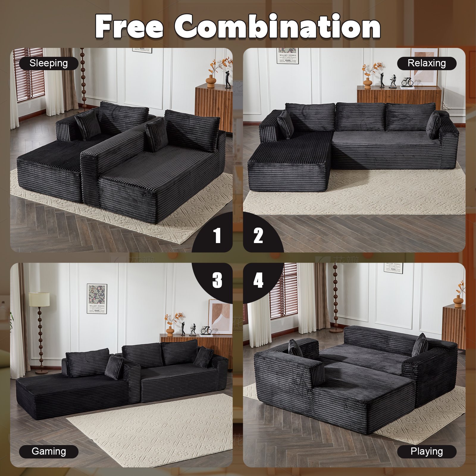 Compression Sectional Couch With Comfy Chaise, Boneless L Shape Sofa With Deep Seat, Minimalist Modular Couches Sleeper - Black - Image 7
