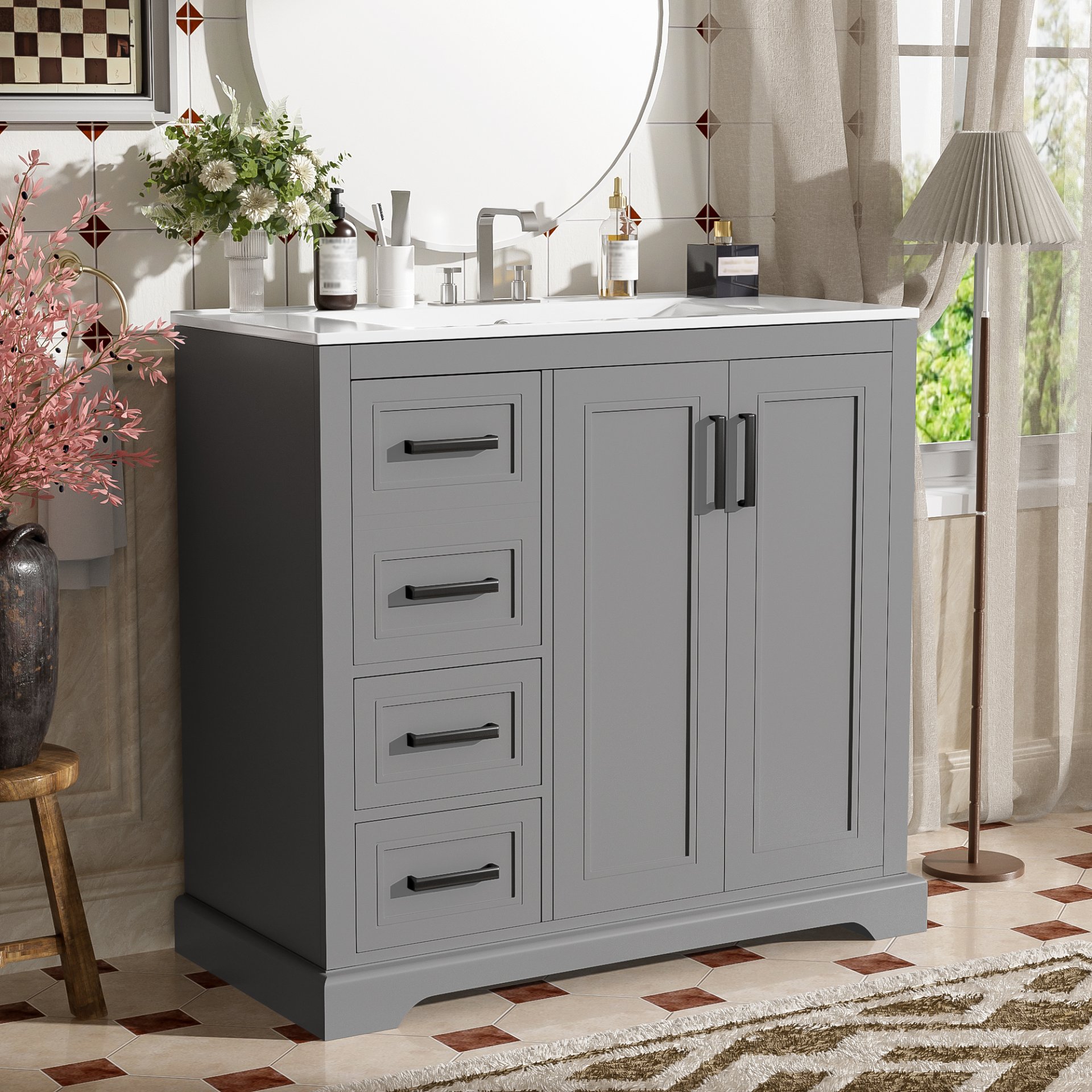 36" Bathroom Vanity With Sink, Soft Close Doors, Adjustable Shelf & 3 Drawers - Gray - Image 4