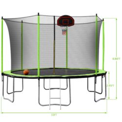 15Ft Trampoline With Basketball Hoop Inflator And Ladder (Inner Safety Enclosure) - Green