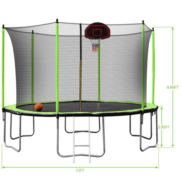 15Ft Trampoline With Basketball Hoop Inflator And Ladder (Inner Safety Enclosure) - Green