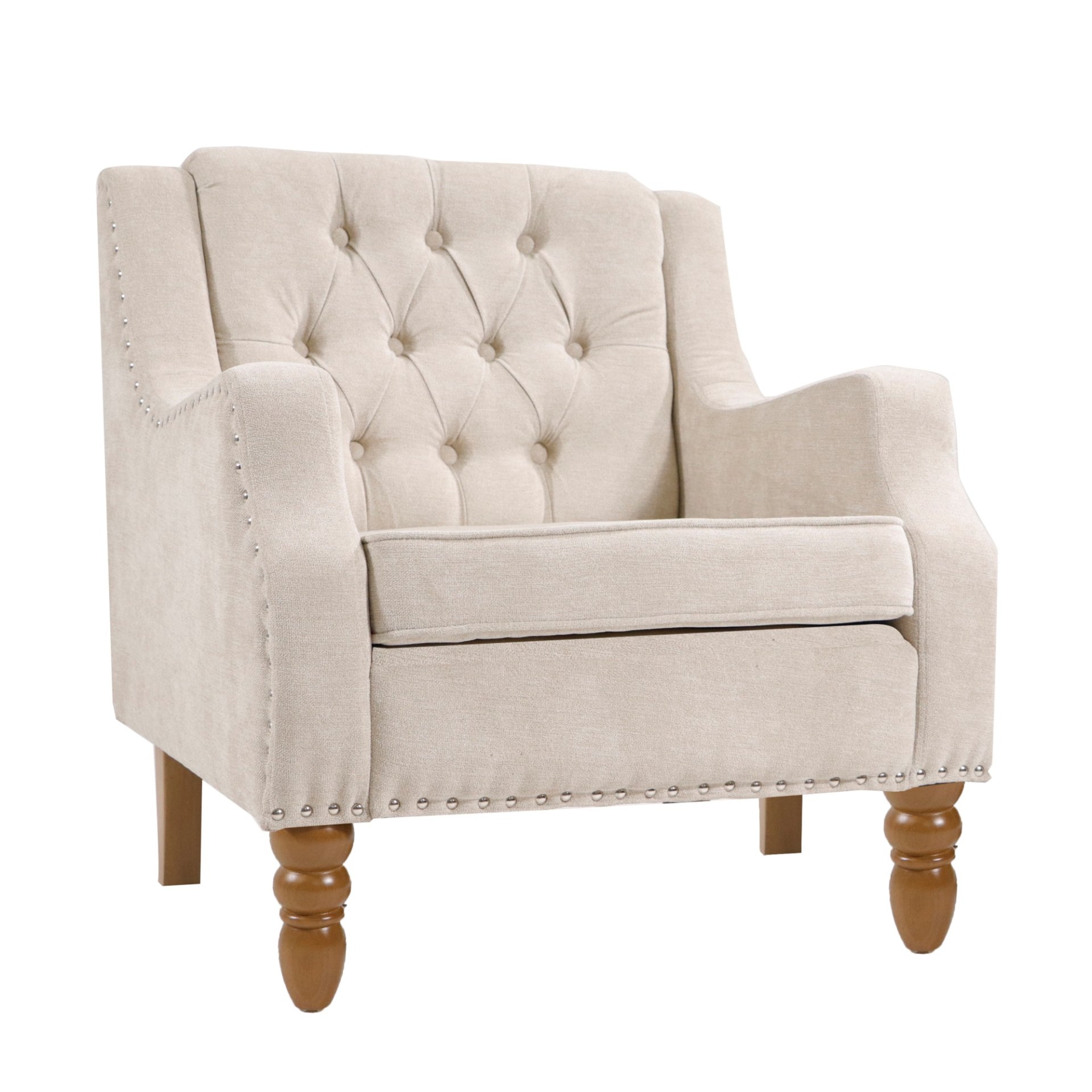 Accent Chair, Living Room Chair, Footrest Chair Set With Vintage Brass Studs, Button Tufted Upholstered Armchair For Living Room, Comfy Reading Chair For Bedroom, Reception Room - Beige - Image 25