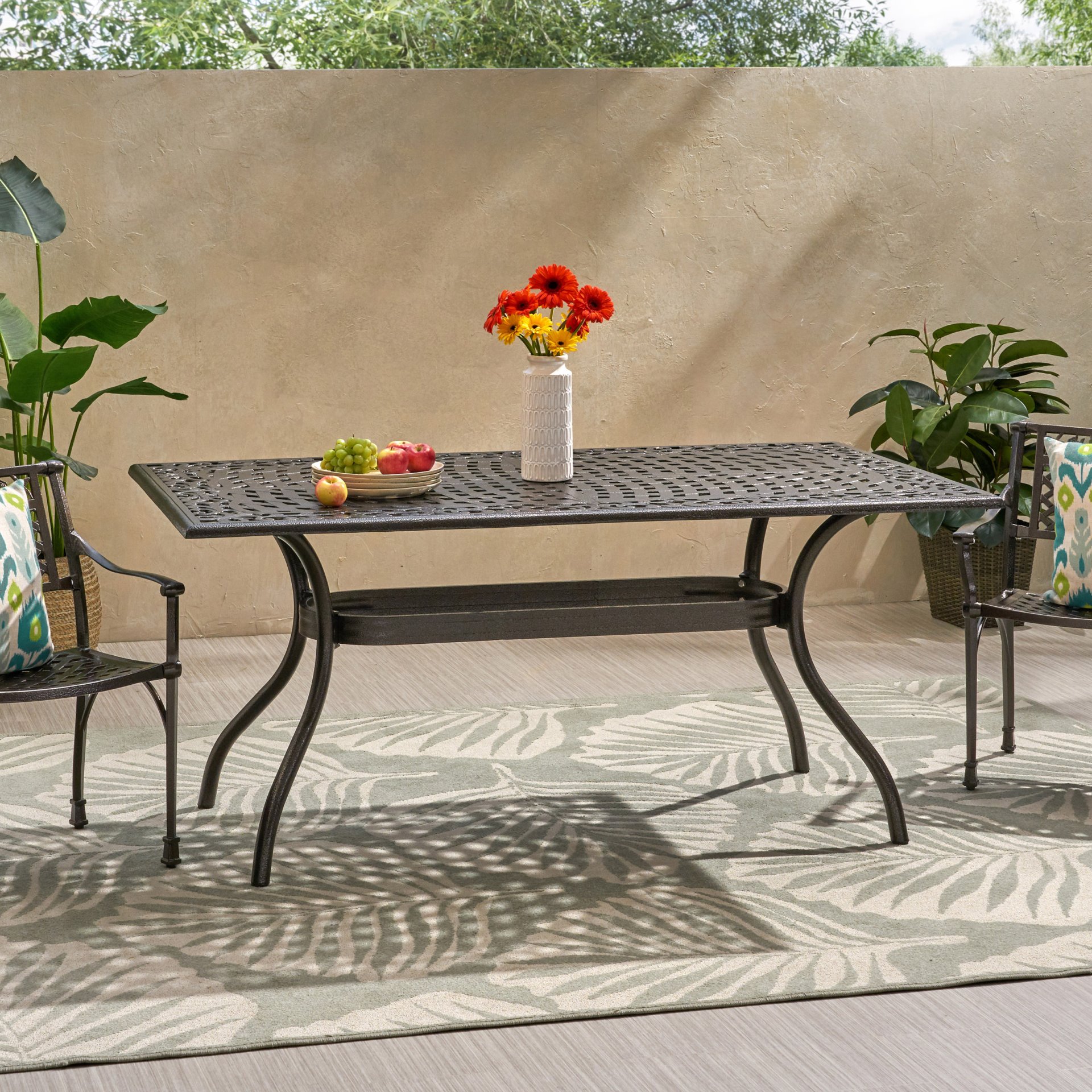 Celestine - Outdoor Cast Aluminum Dining Table With Floral Lattice Design And Umbrella Holder - Bronze - Image 4