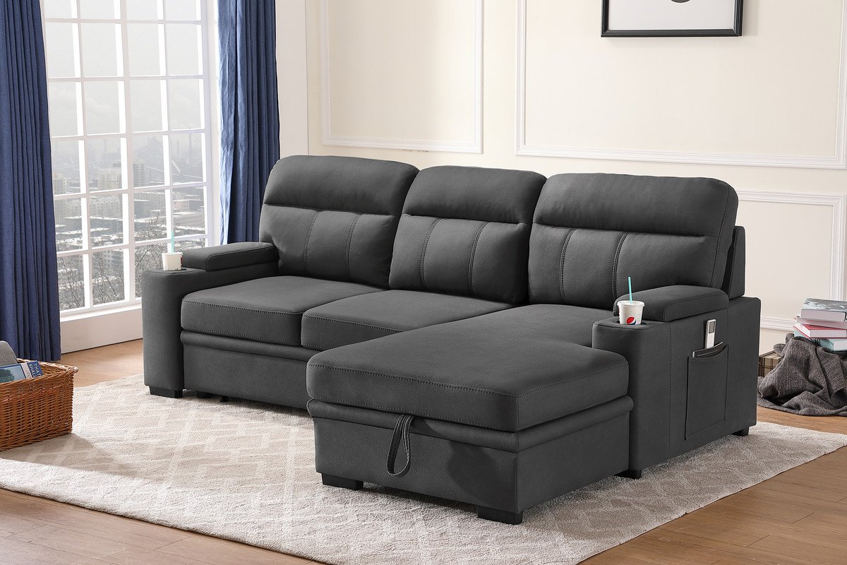 Kaden - Sleeper Sectional Sofa Chaise With Storage Arms And Cupholder - Gray - Image 3