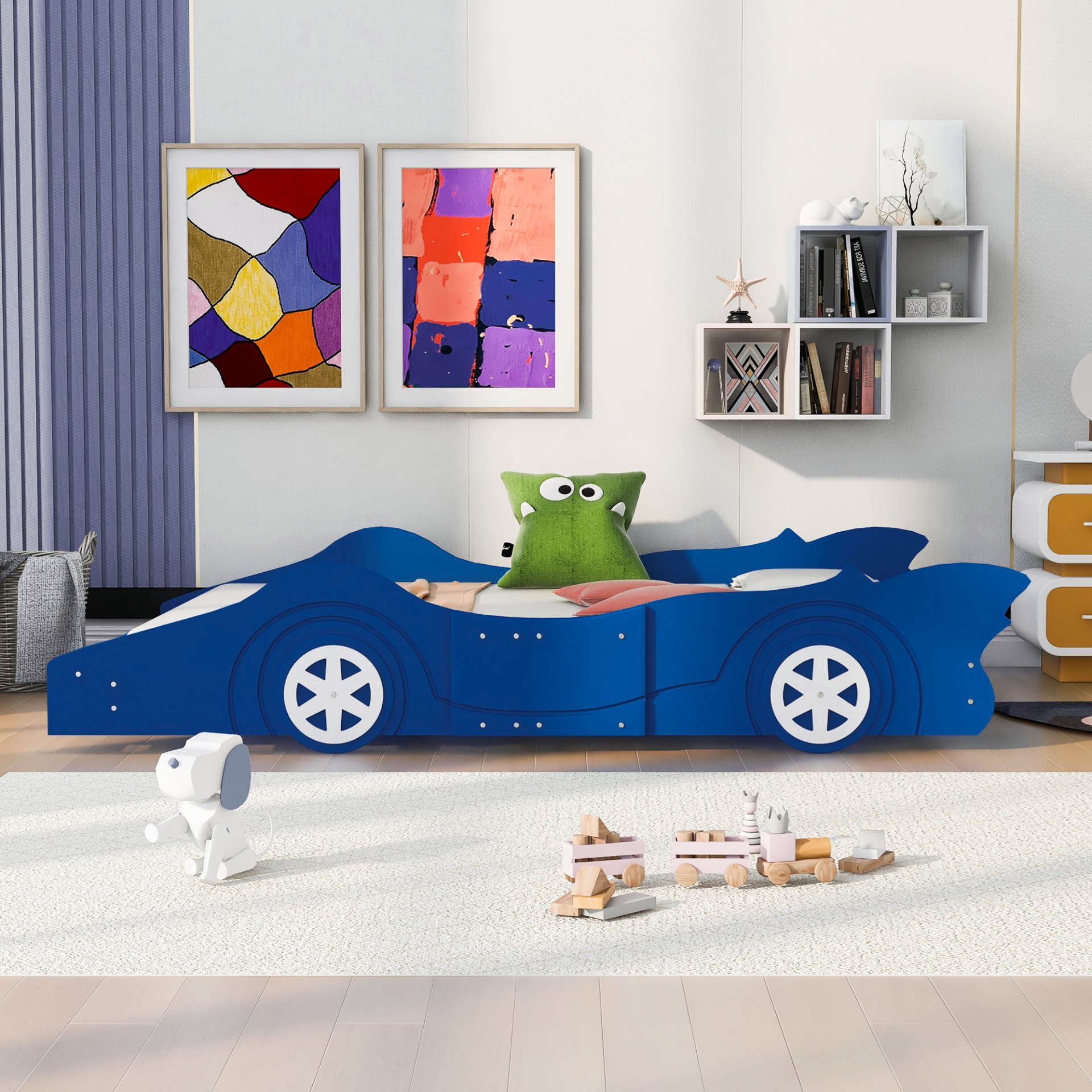 Full Size Race Car-Shaped Platform Bed & Wheels - Blue - Image 2