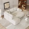 Convertible Sleeper, Sectional Pull Out Sofa Bed With Storage Ottoman, 2 Throw Pillows, 2 Stools, Wireless Charger And Two Hidden USB Ports For Living Room - Cream - Image 10