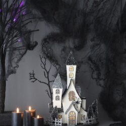 Cardboard Lighted Haunted House, Tabletop Holiday Halloween Decor, Battery Powered - Beige / Black