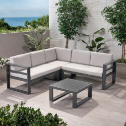 Dursley - Outdoor Aluminum V Shape Sofa Sectional - Beige / Gray
