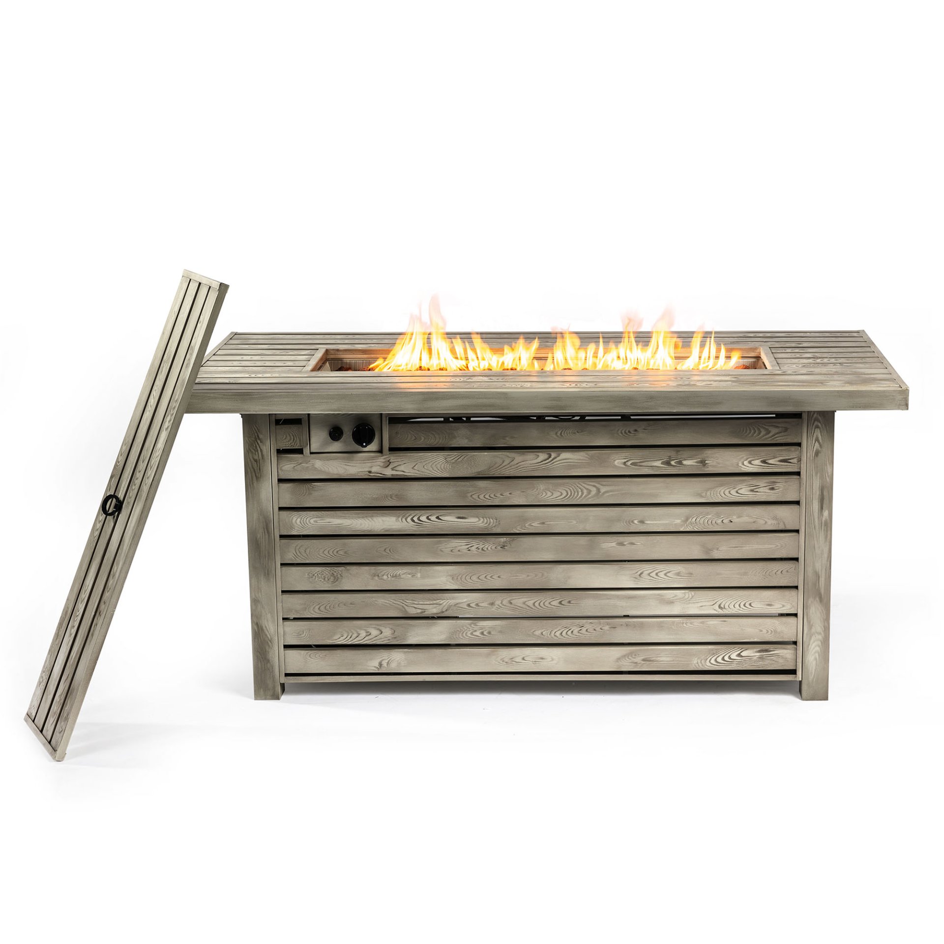 54" Propane Gas Fire Pit Table, 50000 Btu Rectangular Steel Fire Pit With Imitation Wood Grain For Outside Patio Deck Garden Courtyard - Light Beige - Image 9