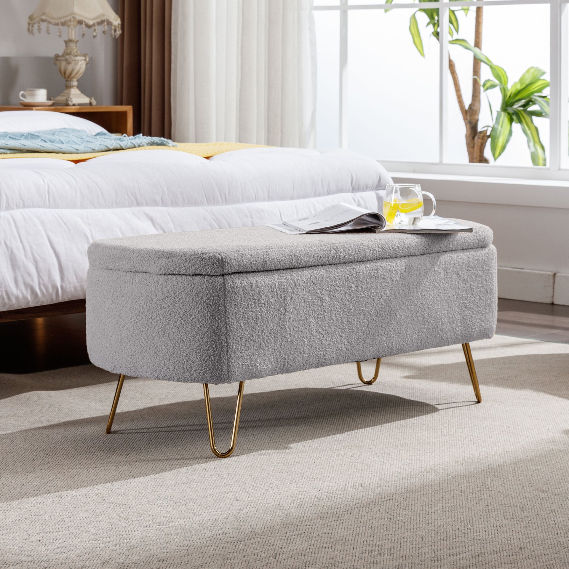 Storage Ottoman Bench For End Of Bed Gold Legs, Modern Gray Faux Fur Entryway Bench Upholstered Padded With Storage For Living Room Bedroom - Gray - Image 5