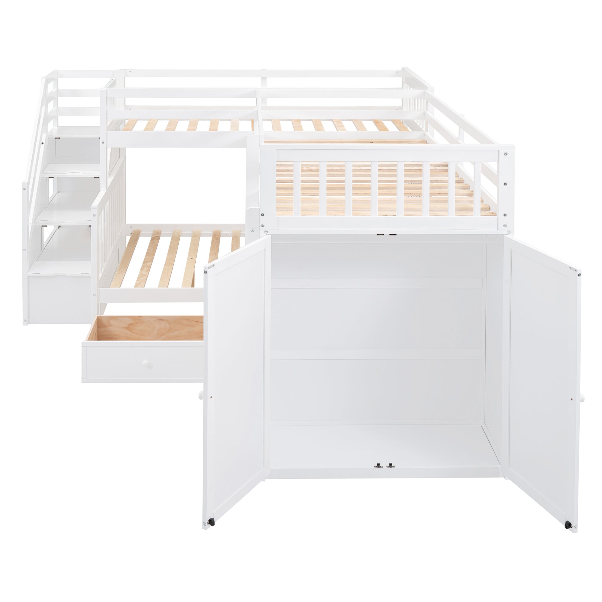 Twin Twin Over Full L Shaped Bunk Bed With 3 Drawers, Portable Desk And Wardrobe - White - Image 9