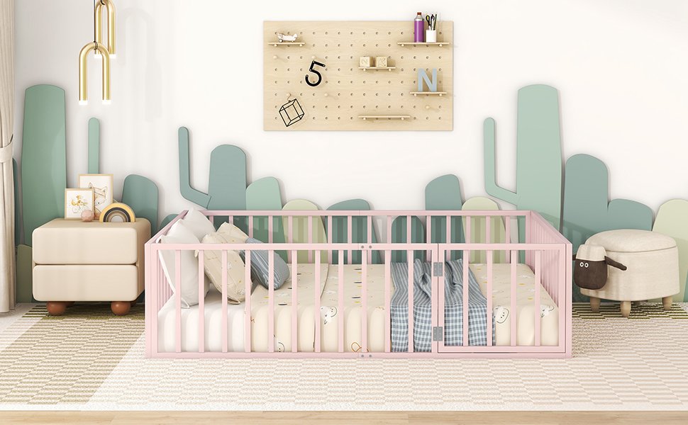 Queen Size Floor Bed Frame With Fence And Door - Pink - Image 13