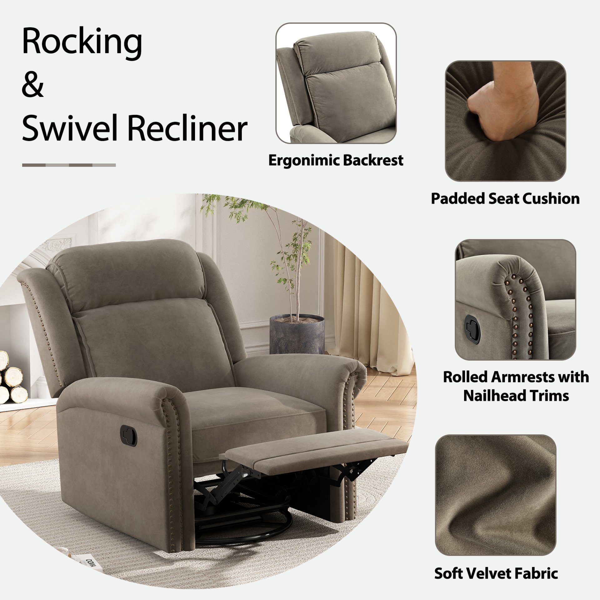360 Degrees Swivel Recliner Manual Rocking With Adjustable Backrest For Living Room - Light Brown - Image 8