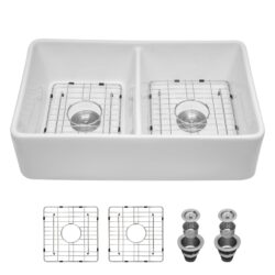 Double Bowl Apron Front Kitchen Sink 32", Sturdy And With Scratch Resistant - White