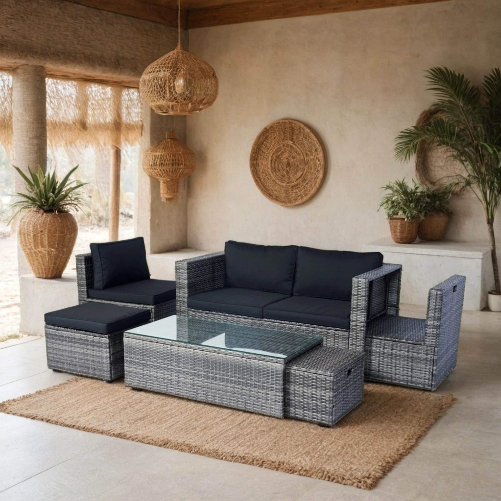6 Piece Patio Wicker Sectional Set Patio Backyard Conversation Set Space Saving - Gray / Black - Image 6