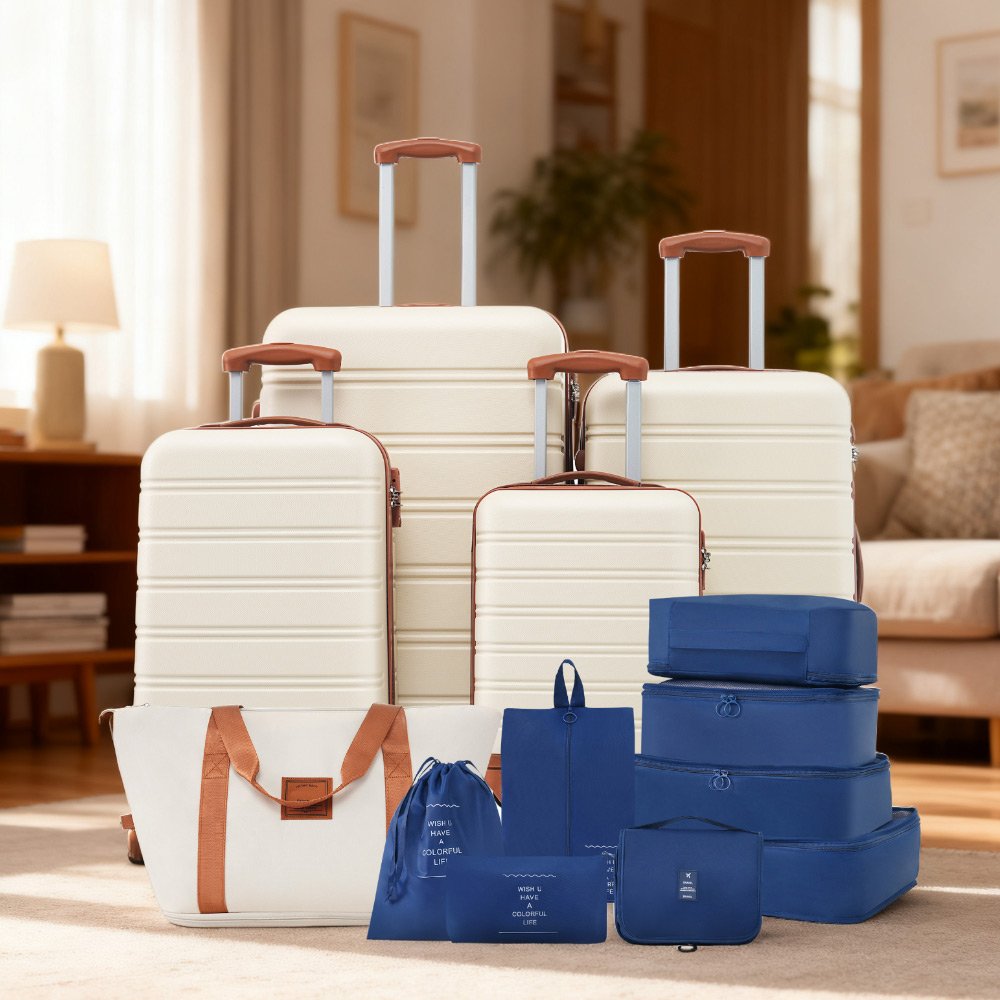 Hardshell Luggage Sets 4 Pieces + Bag Spinner Suitcase With Tsa Lock Lightweight - 16" / 20" / 24" / 28" Luggages - Brown / White - Image 12