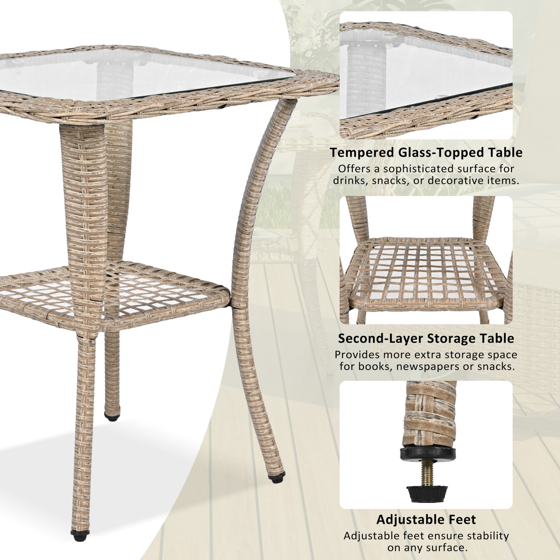 3 Piece Outdoor Chair & Table Set Chat Set 2 Person Rattan Seating Group With 2 Swiveling And Rocking Chairs And A Square Table For Garden, Patio, Or Balcony - Natural - Image 6