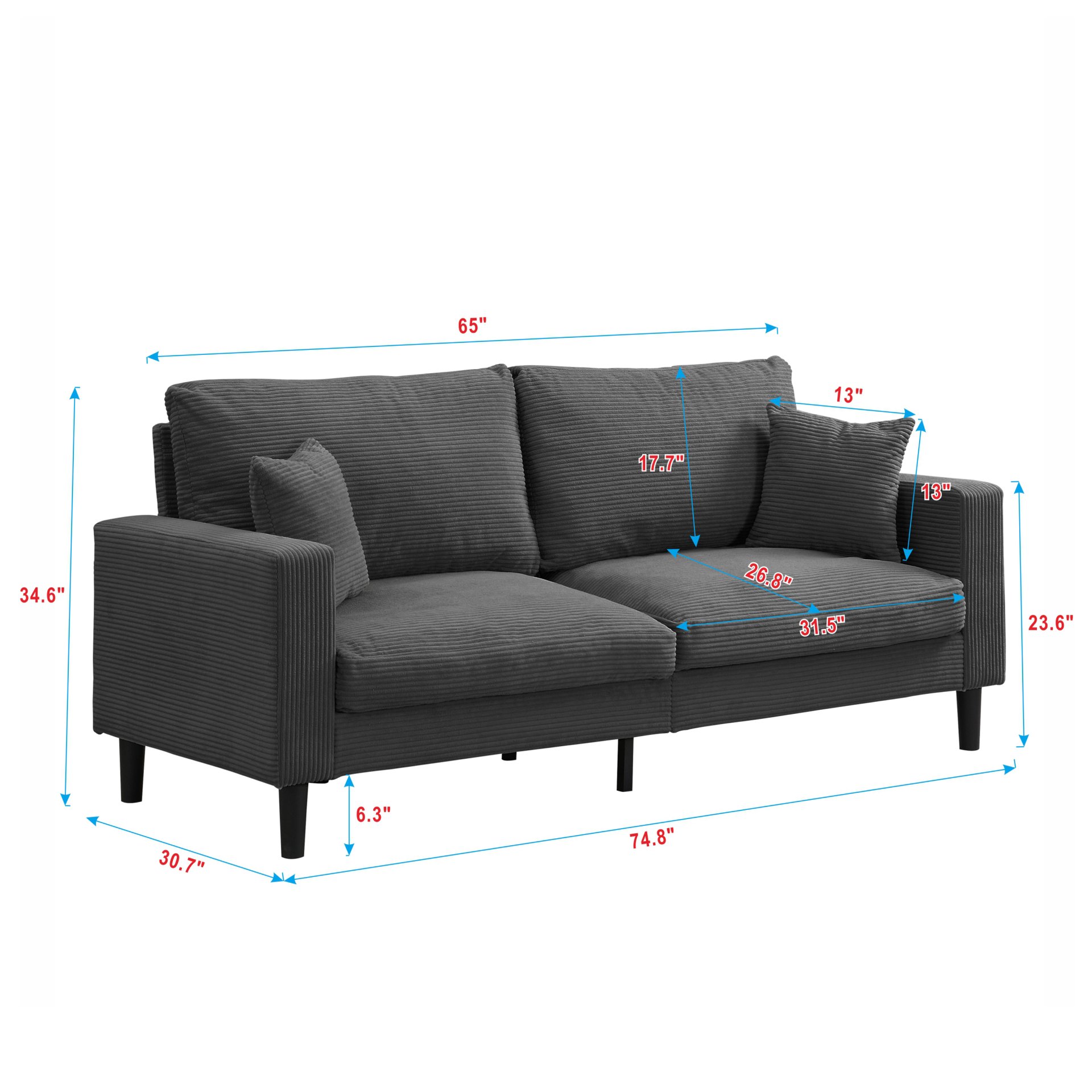 Modern Upholstered 2 Piece Sofa Set, Comfy Corduroy Living Room Furniture - Dark Gray - Image 3