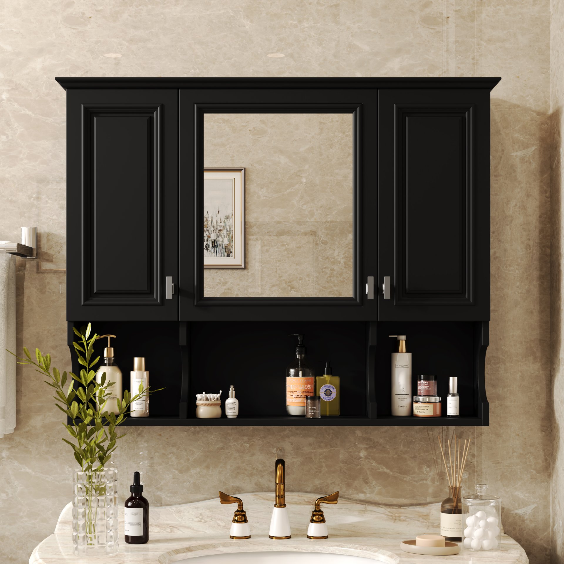 Wall Mounted Bathroom Medicine Cabinet, Modern Bathroom Wall Cabinet With Mirror, Mirror Cabinet With Open Shelves - Black - Image 3