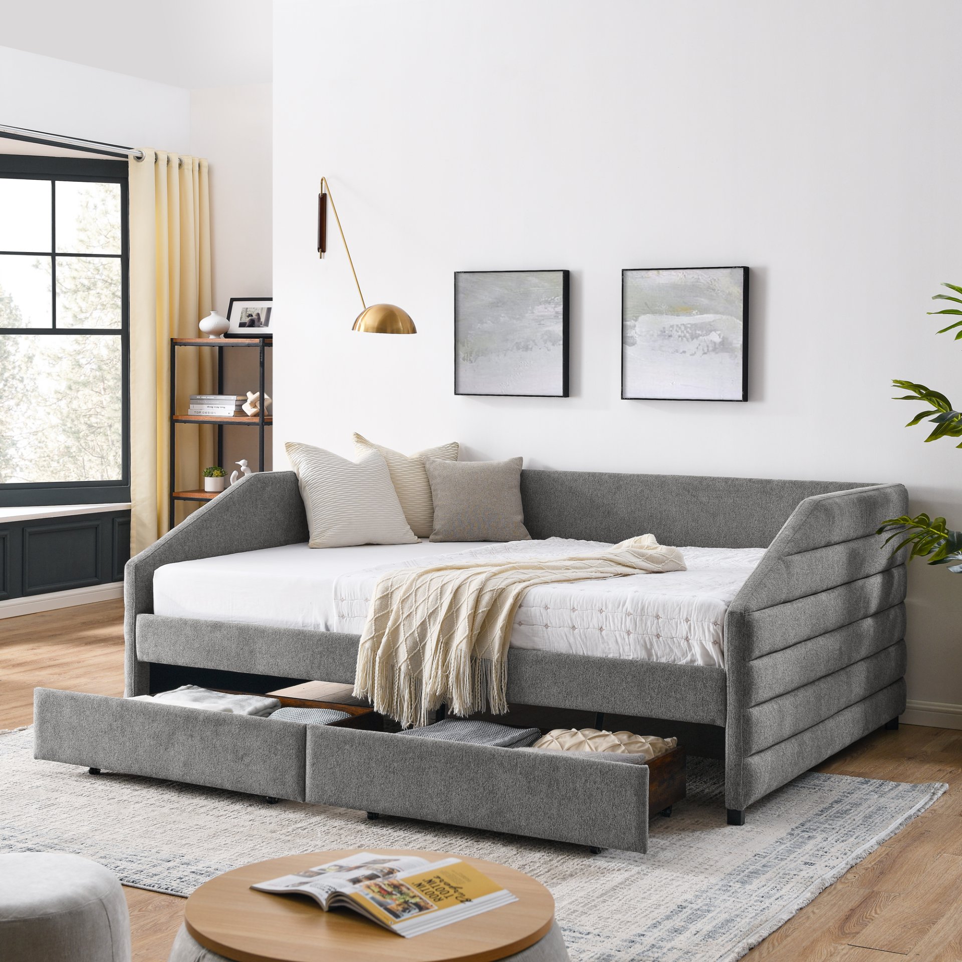 Upholstered Tufted Queen Size Daybed With 2 Drawers Trundle - Gray - Image 2