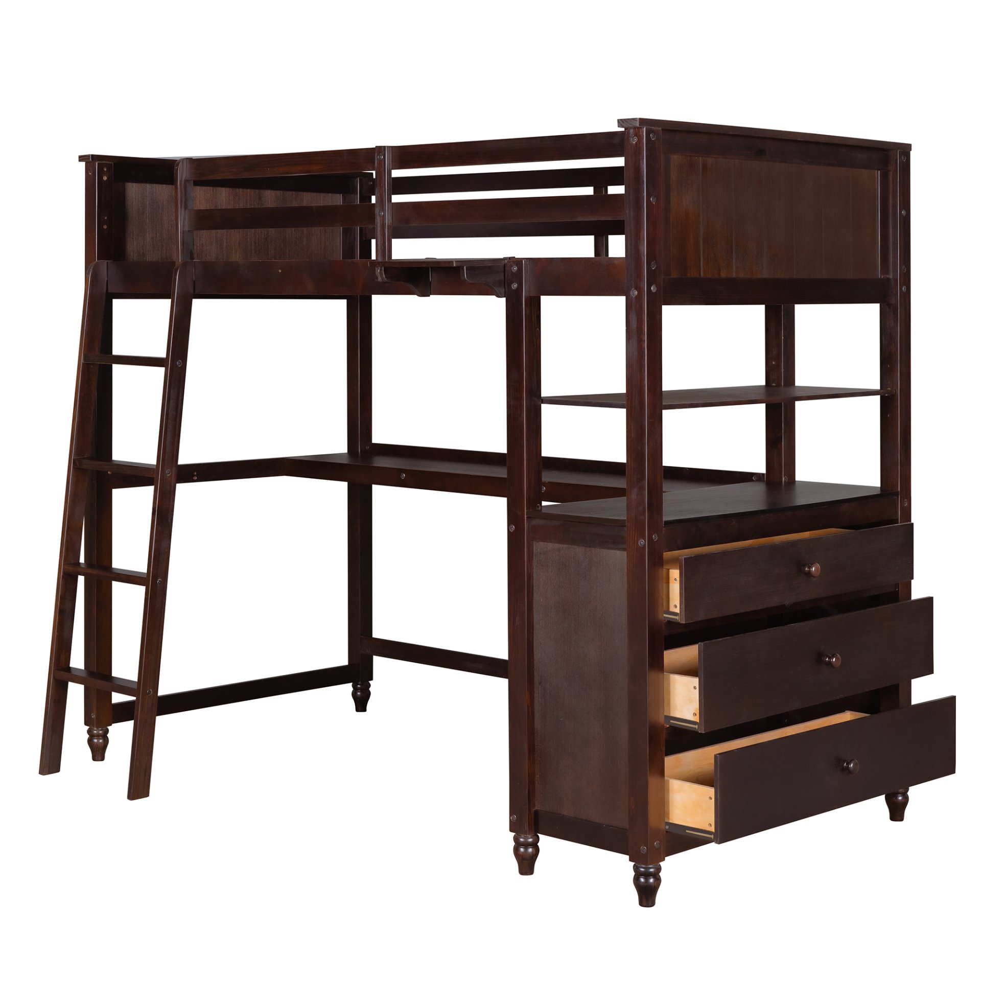 Twin Size Loft Bed With Drawers And Desk, With Shelves - Espresso - Image 4