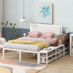 Full Size Platform Bed With 2 Tier Storage Shelves, Storage Cabinet - White