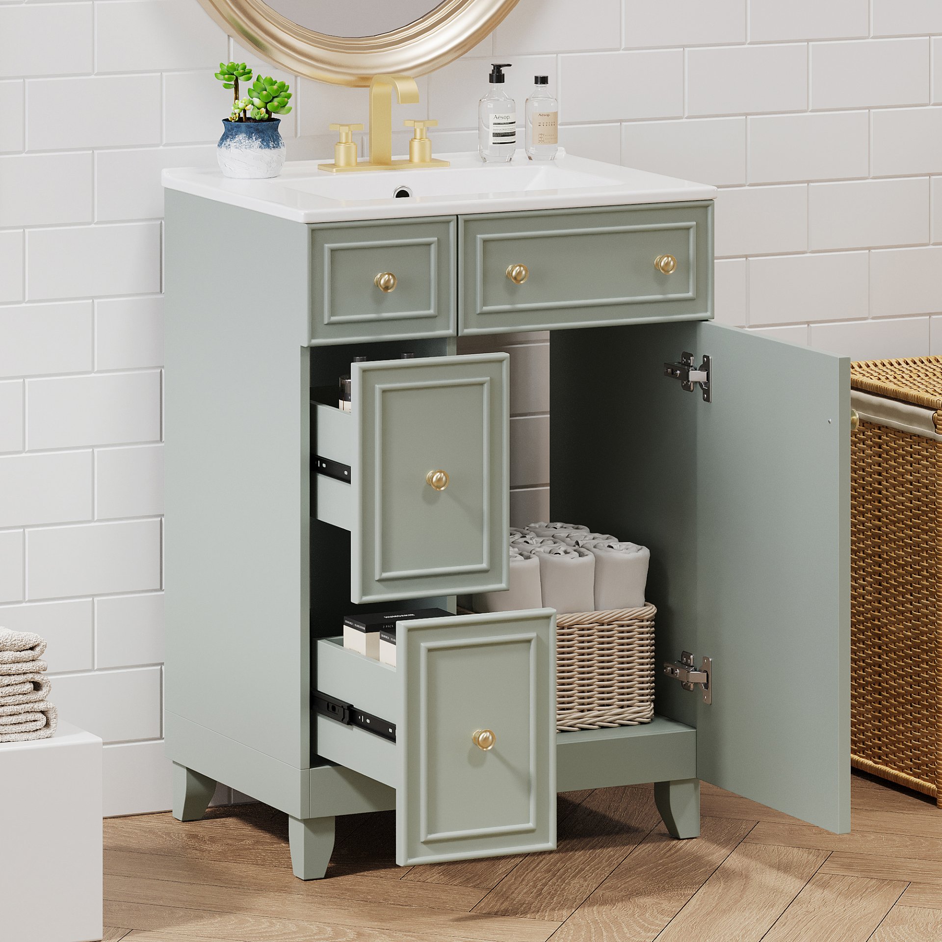 24" Bathroom Vanity Cabinet With Sink - Green - Image 5