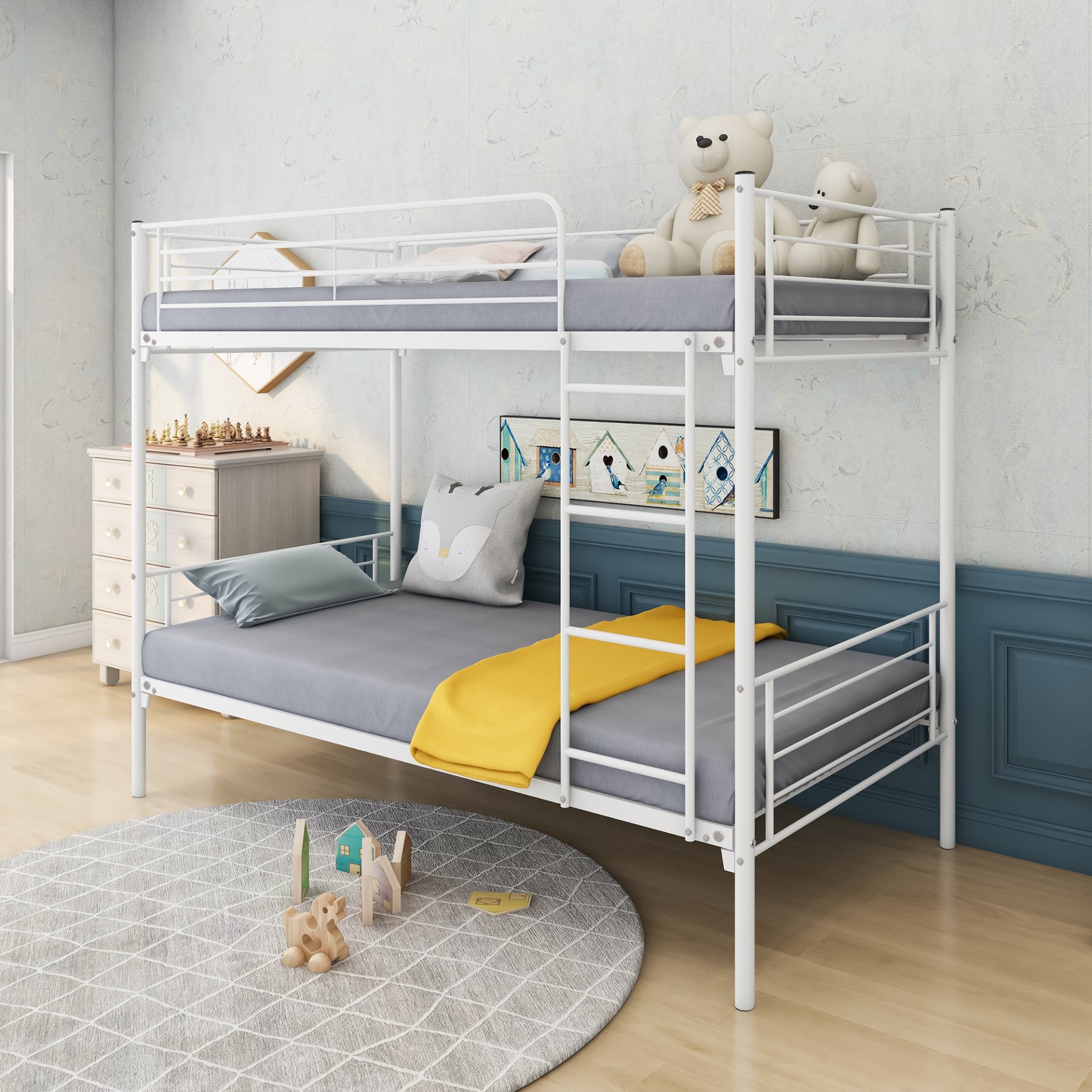 Twin Over Twin Bunk Bed With Metal Frame And Ladder, Space Saving - White - Image 6