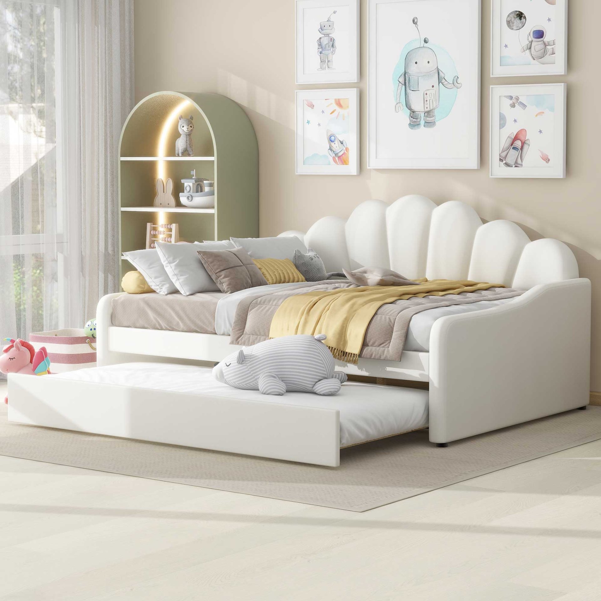 Full Size Upholstery Daybed Frame With Shell Shaped Backrest And Trundle - White - Image 5