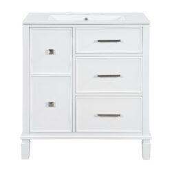 Bathroom Vanity With Ceramic Sink, Flip Out Drawer Design For Plumbing, Soft Close Drawers - White