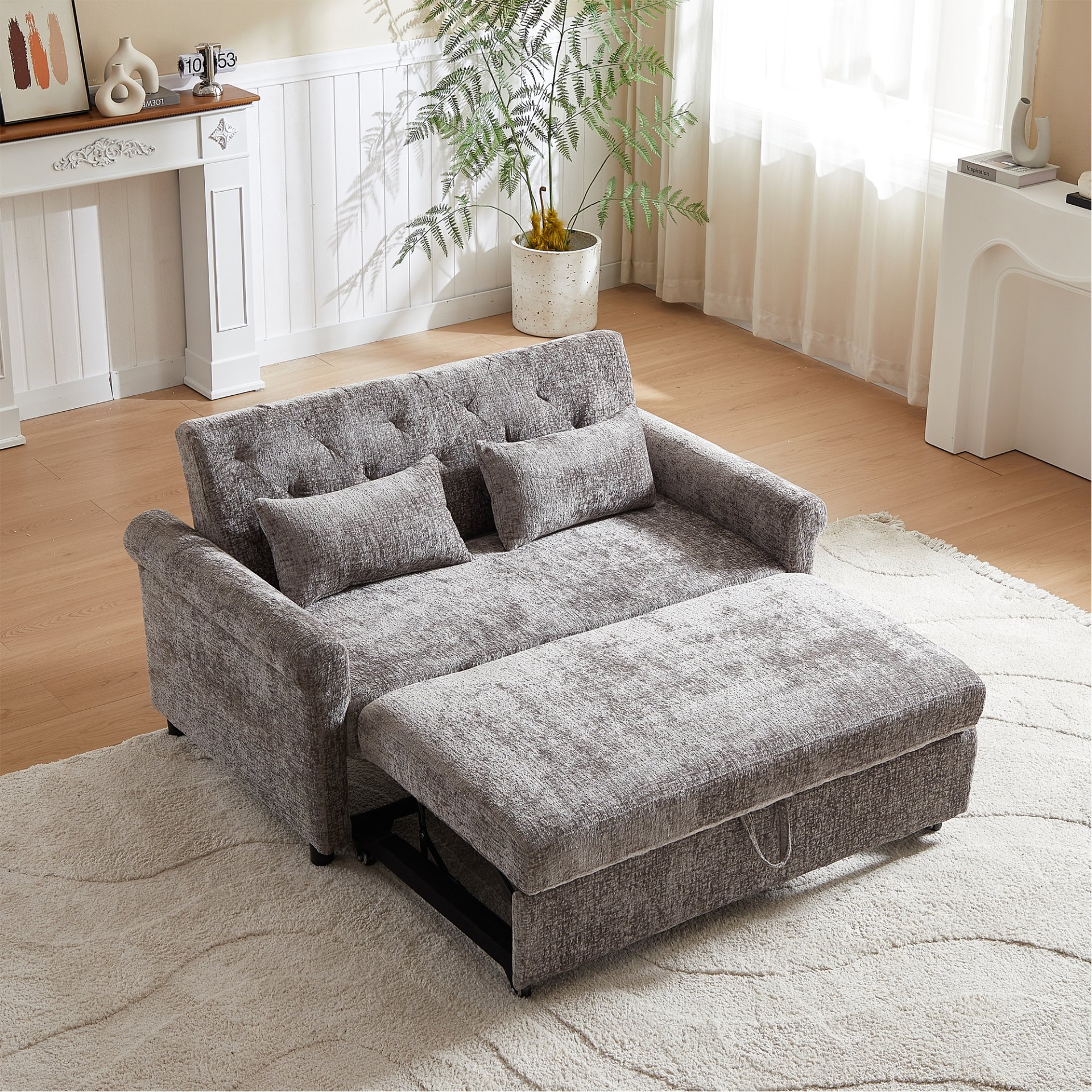 3 In 1 Loveseat Sofa Bed Chenille Fabric Pull Out Couch Sleeper Full Back Frame, Seat Frame, Armrests & 2 Pillows - Light Gray - Image 6