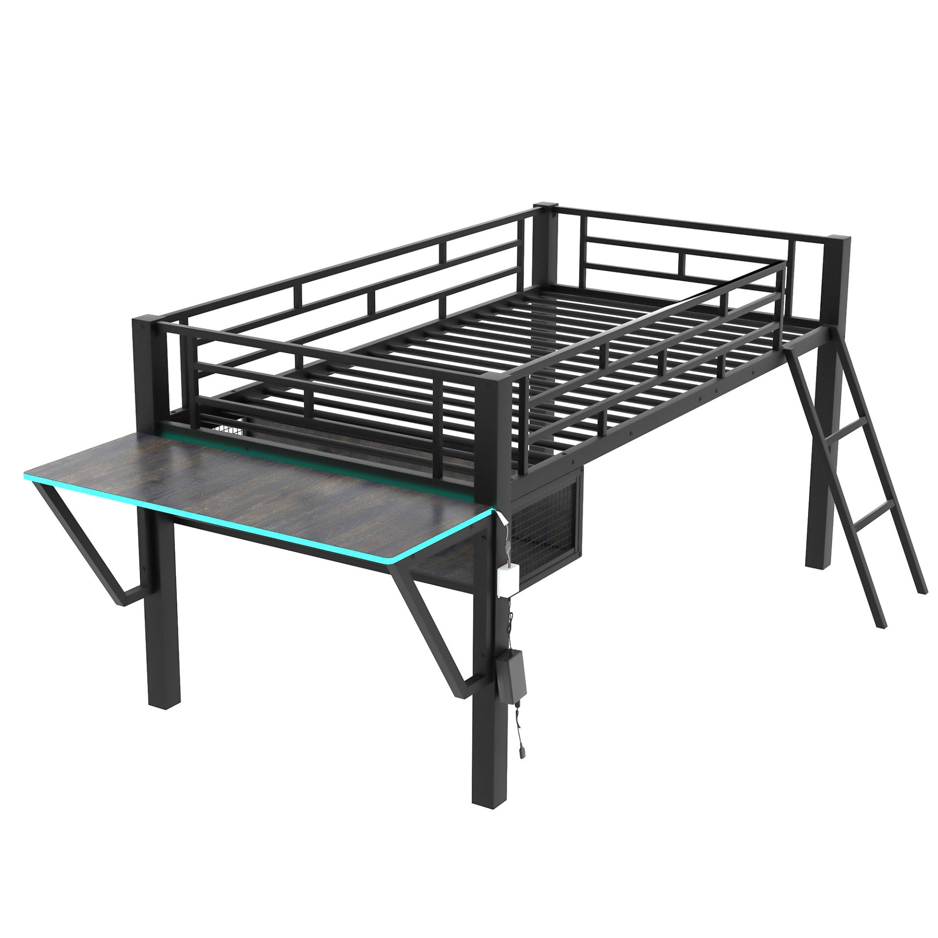Twin, Esports Inspired Gaming Mid Loft Bed With Desk And LED - Black - Image 6