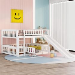 Full Over Full Low Bunk Bed With Slide, Fence And Ladder For Toddler - White
