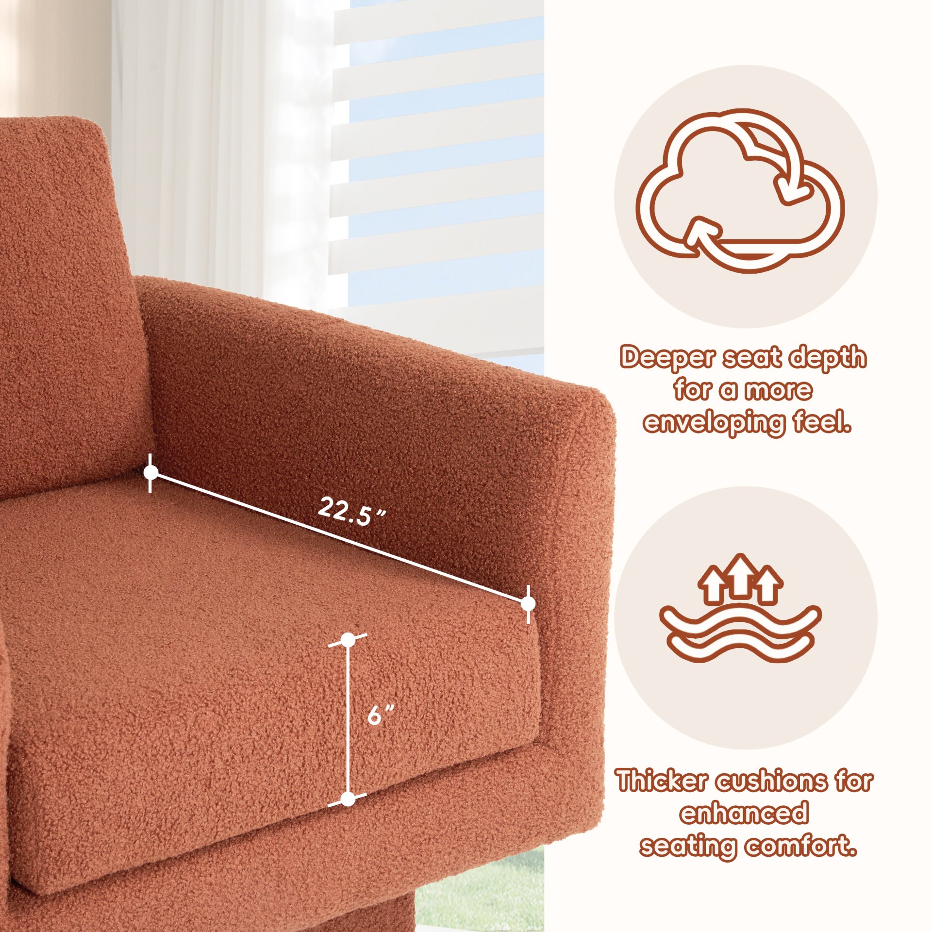 360° Modern Swivel Accent Chair Round Armchair, Thick Padded Single Lounge Sofa Upholstered Comfy - Brick Red - Image 5