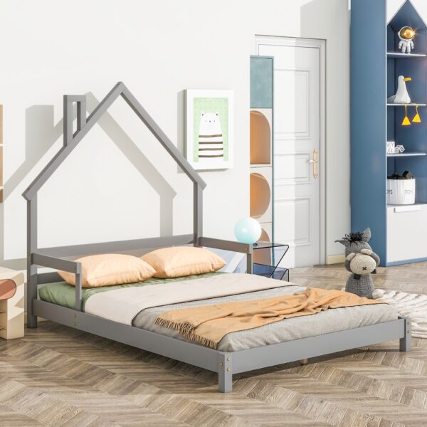 Full House-Shaped Headboard Bed With Handrails, Slats - Gray