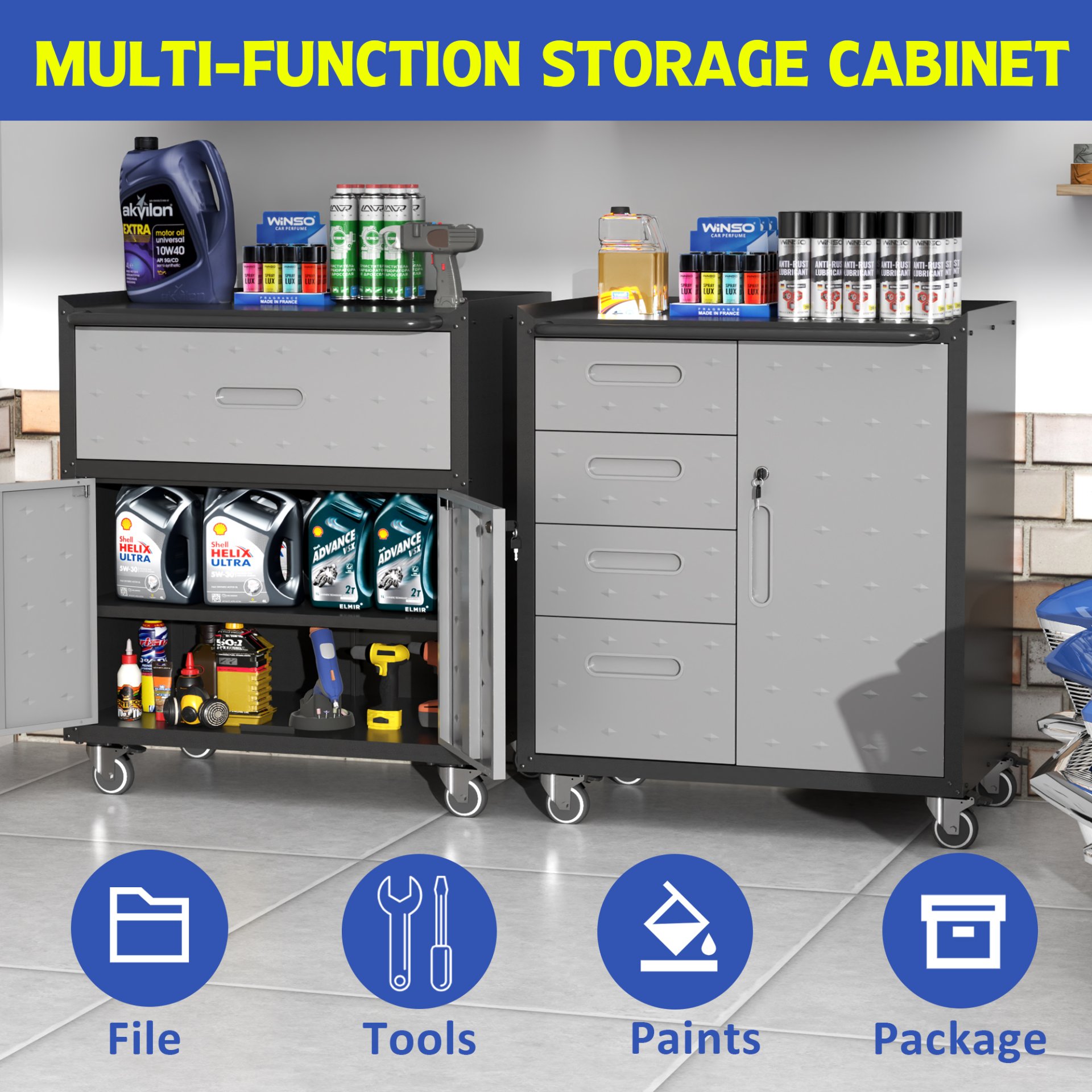 Sturdy Metal Tool Storage Cabinet With Wheels Durable Garage, Office & Home Organizer Steel - White - Image 9