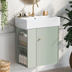 Modern Floating Bathroom Vanity With Ceramic Basin, Perfect For Small Bathrooms, Left Side Storage - Green