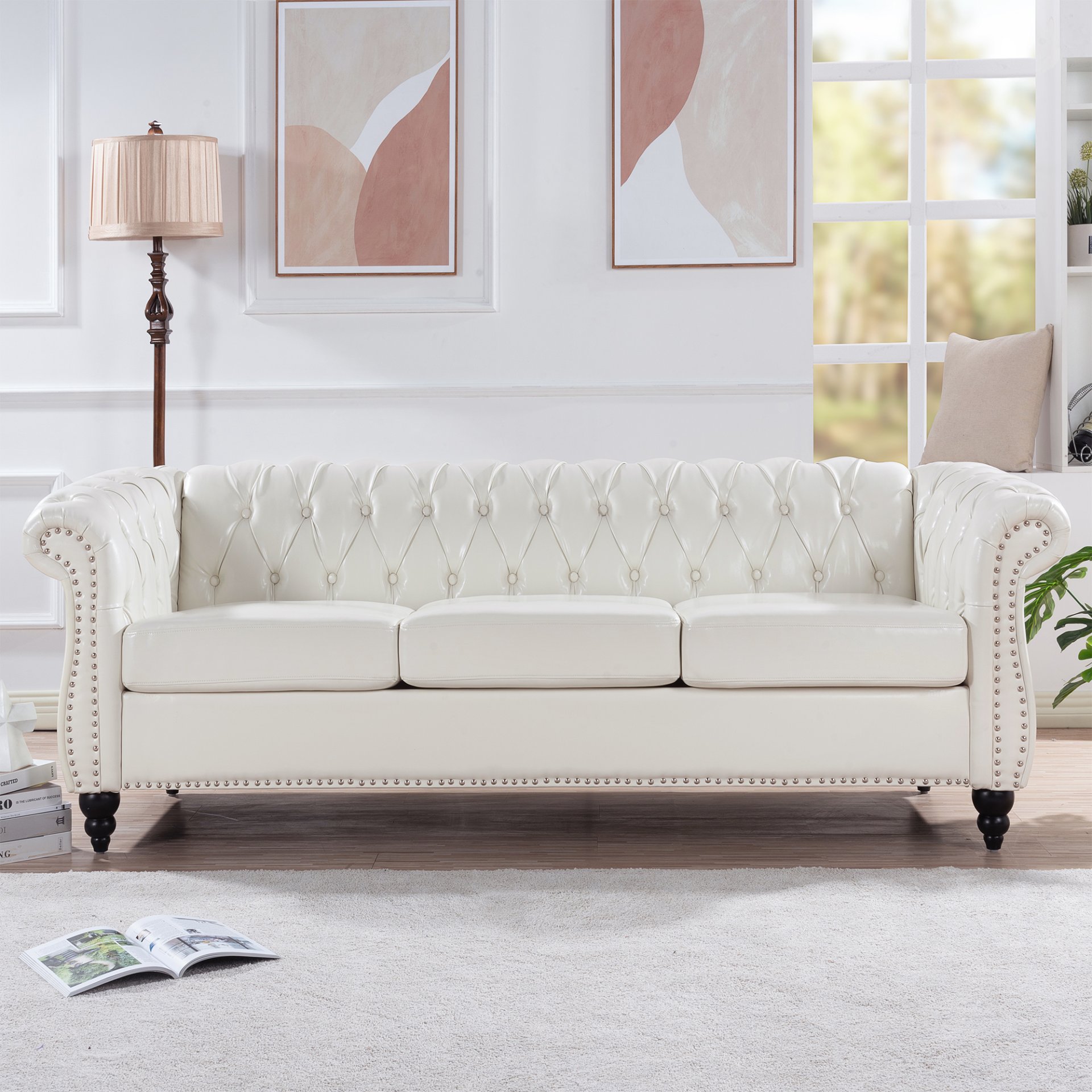 84.65" Rolled Arm Chesterfield 3 Seater Sofa - White - Image 4