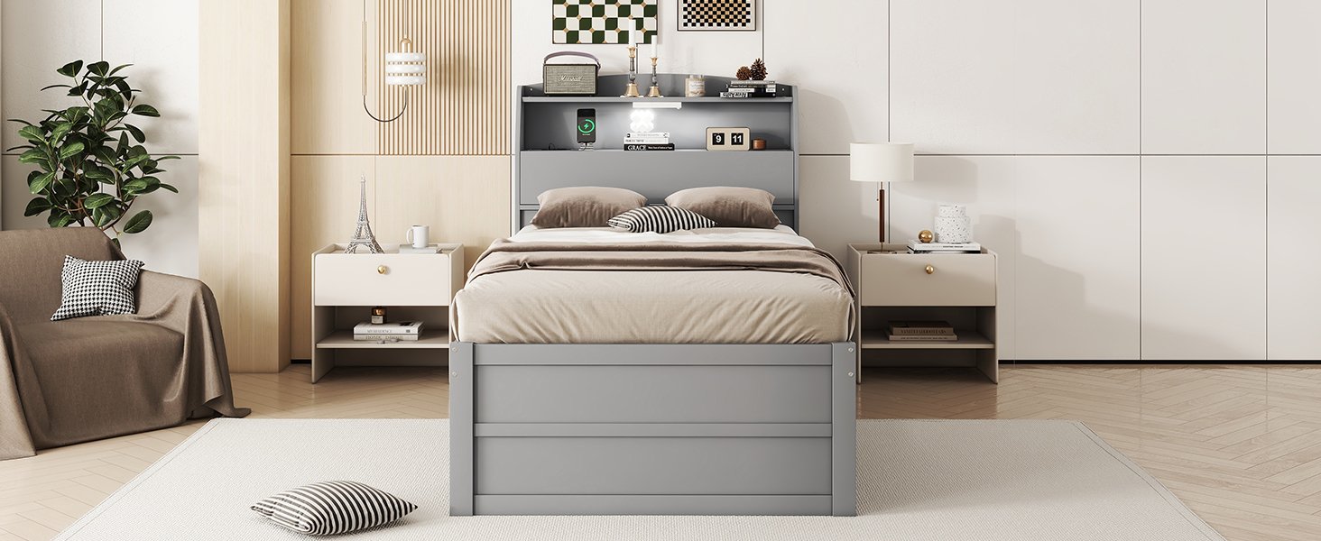 Twin Size LED Platform Bed With Trundle With Storage Headboard With Drawers - Gray - Image 21