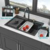 Modern Quartz Composite Waterfall Kitchen Sink With Pull Out Faucet, 33 X 22" - Black - Image 4