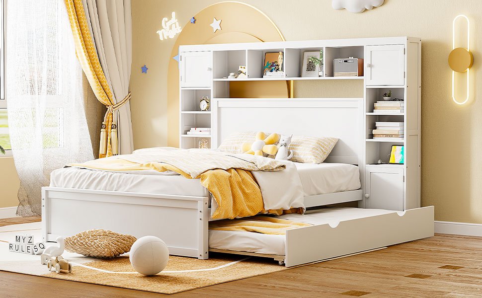 Queen Size Bed With All In One Cabinet, Shelf And Sockets, Twin Long Trundle - White - Image 14