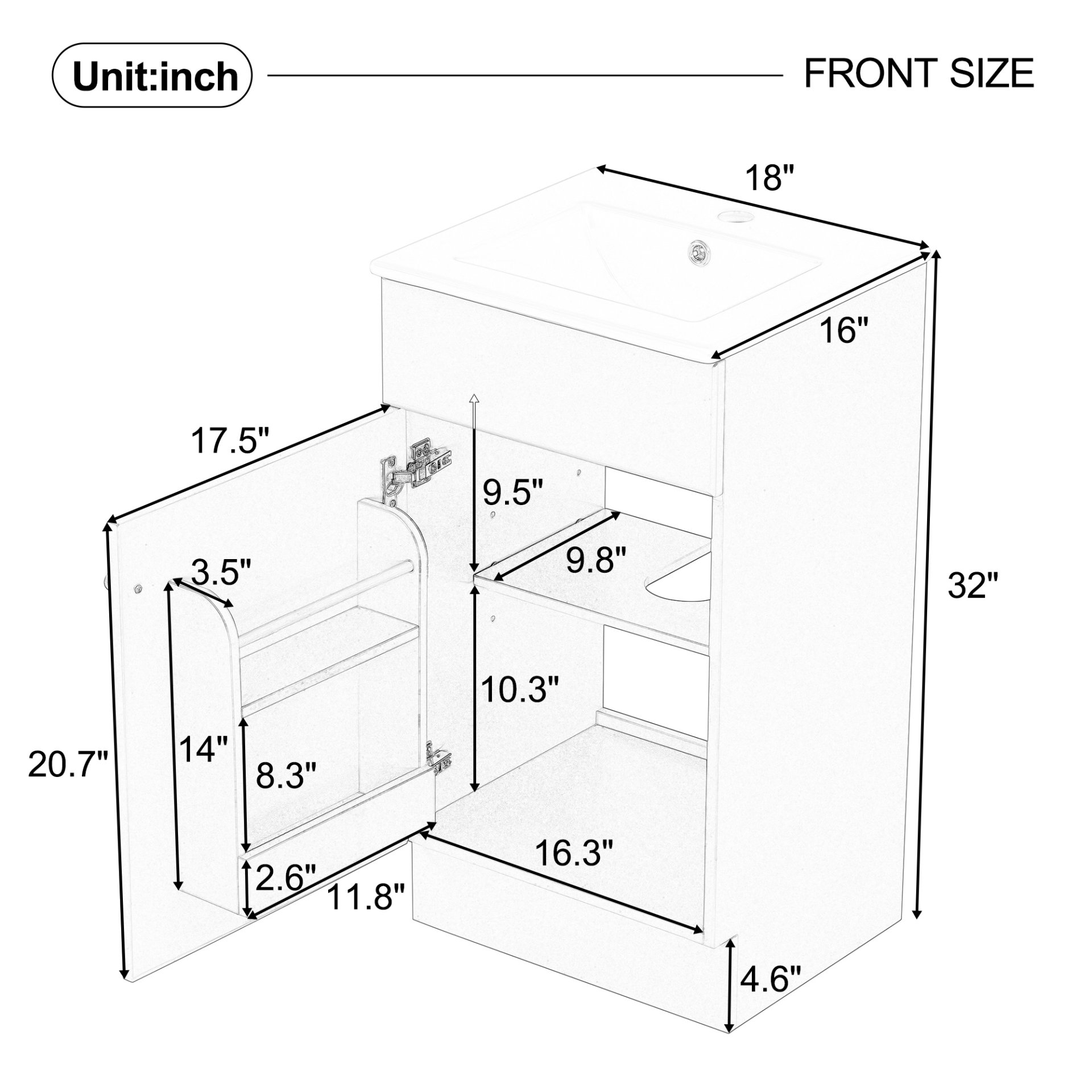 18" Bathroom Vanity With Sink, & Ceramic, Adjustable Shelf - White - Image 3