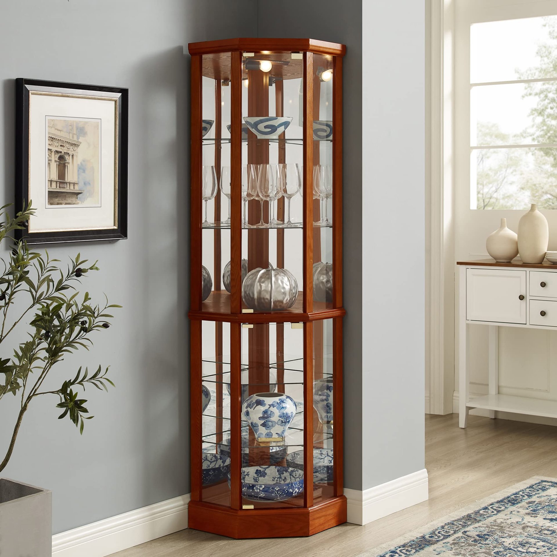 6 Shelf Lighted Corner Curio Cabinet With Adjustable Tempered Glass Shelves And Mirror Back (E26 Light Bulb Not Included) - Oak - Image 5
