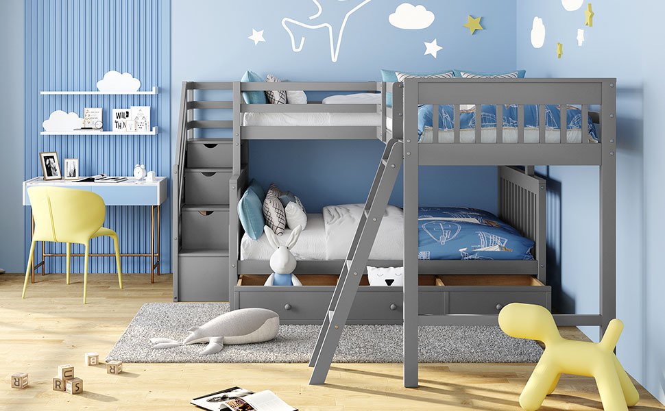 Twin Over Full L Shaped Bunk Bed & 3 Drawers, Ladder And Staircase - Gray - Image 17