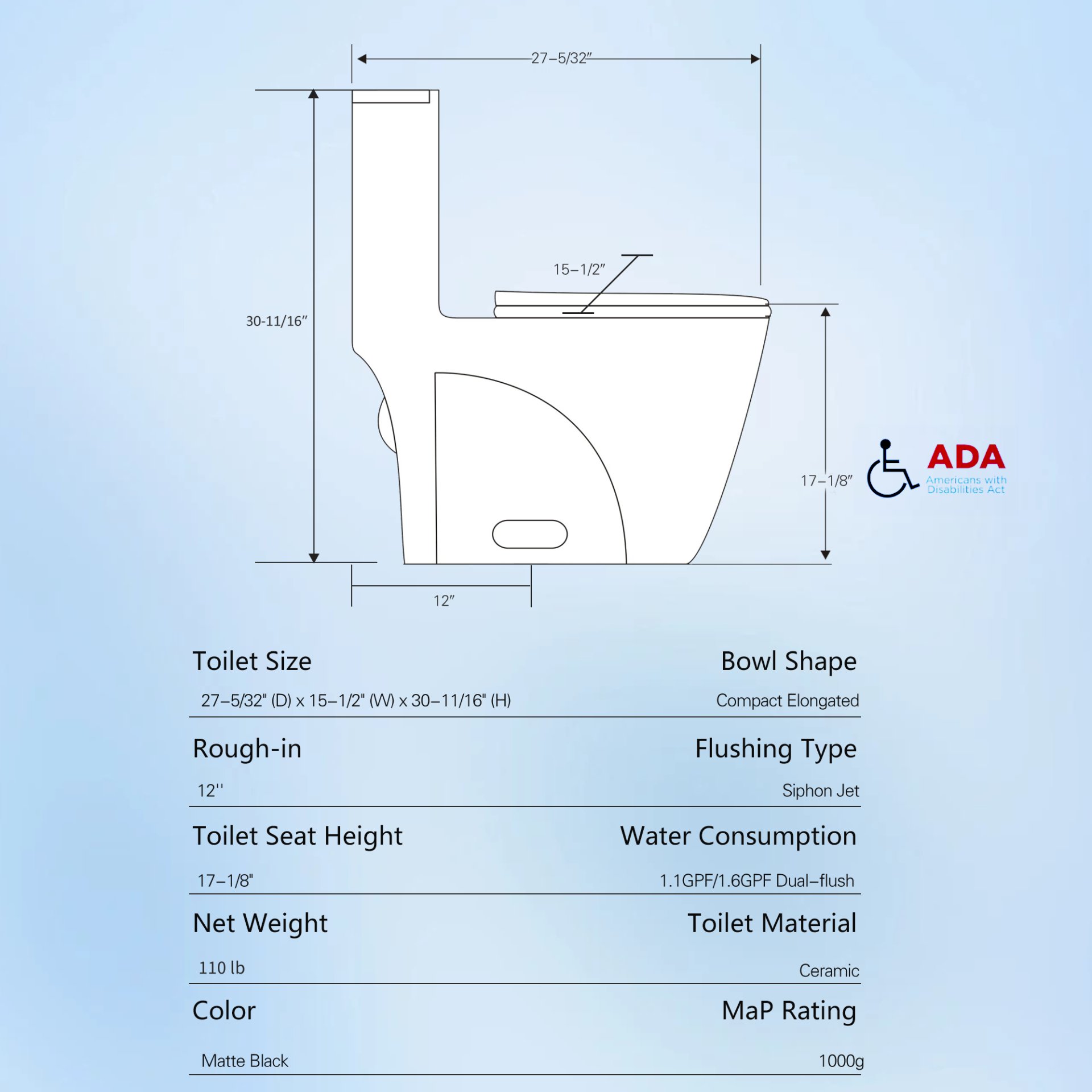 1.1 / 1.60 Gpf Dual Flush 1 Piece Toilet, Water Saving Elongated Comfort Height Floor Mounted, Soft Close Seat, 1000 Gram Map Flushing Score Toilet - Matte Black - Image 3
