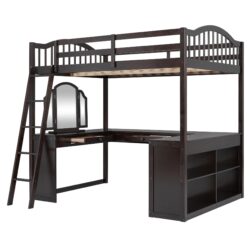 Full Loft Bed With U Shaped Desk, Storage Compartments And Tri Fold Mirror - Espresso