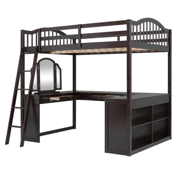 Full Loft Bed With U Shaped Desk, Storage Compartments And Tri Fold Mirror - Espresso