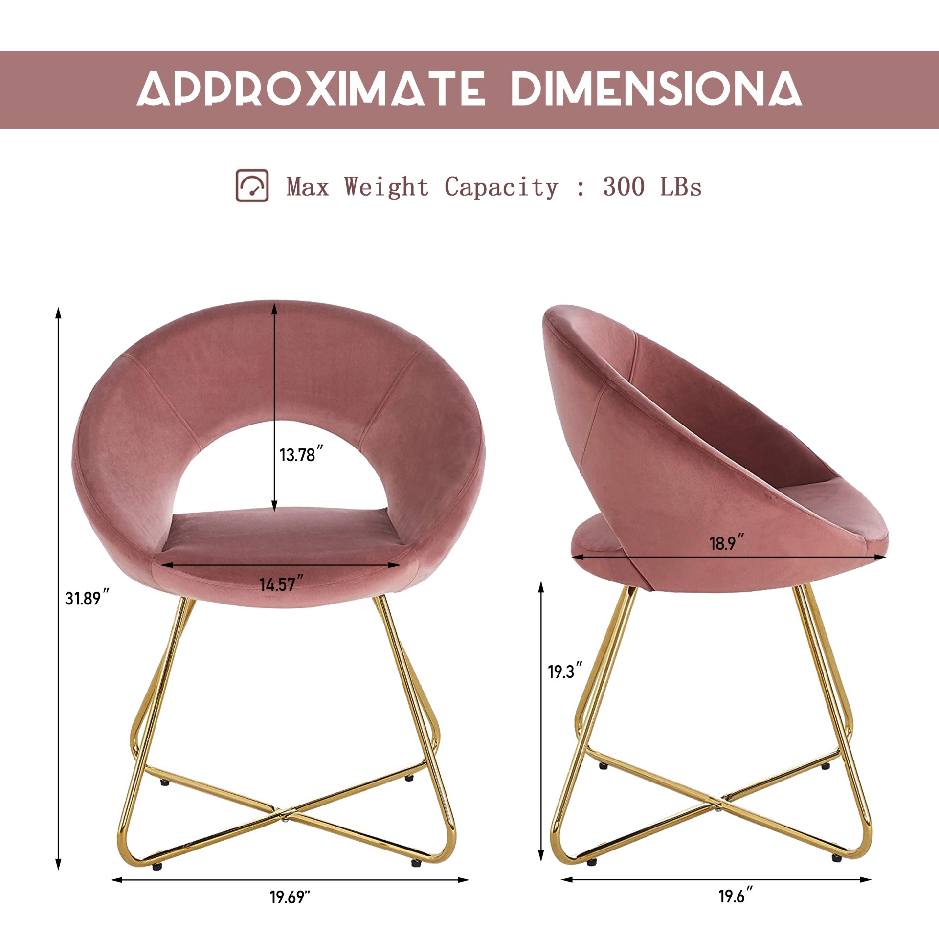 Modern Accent Velvet Chair, (Set of 2) Comfy Upholstered Arm Chair Living Room Furniture Mid-Century Leisure Chair With Metal Frame Legs - Pink - Image 5