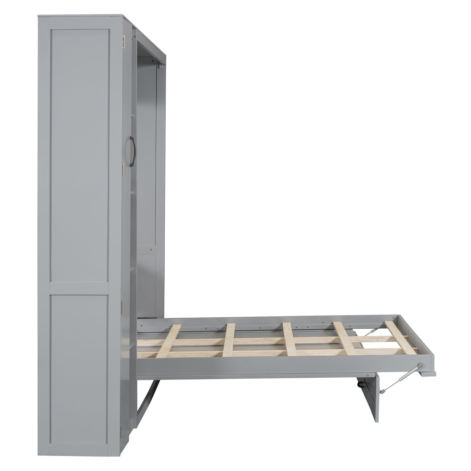 Full Size Murphy Wall Bed With Shelves, Wardrobe And LED Lights - Gray - Image 16